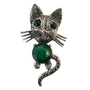 Jelly Belly Cat Brooch Pin Vintage 50’s MCM Green Belly Rhinestone Eyes Hematite